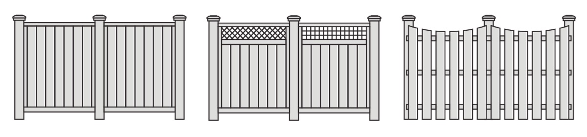 Illustrations of three popular wood fence styles that Integrous offers.