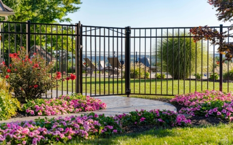 black aluminum pool fence and gate