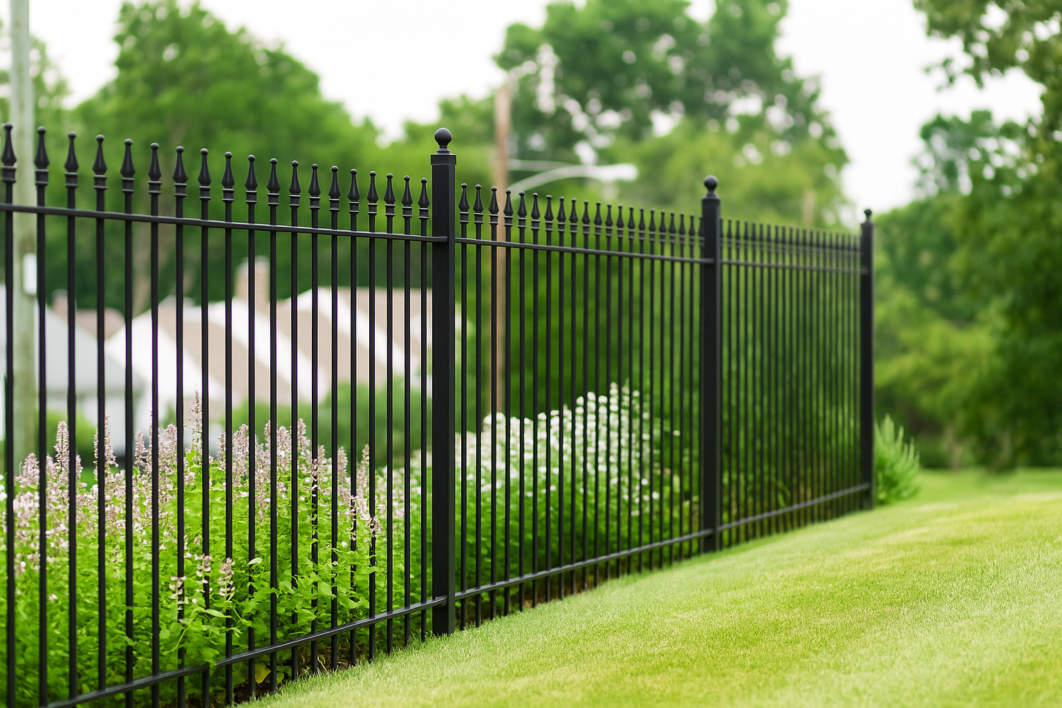 black metal fence with quad-finial top