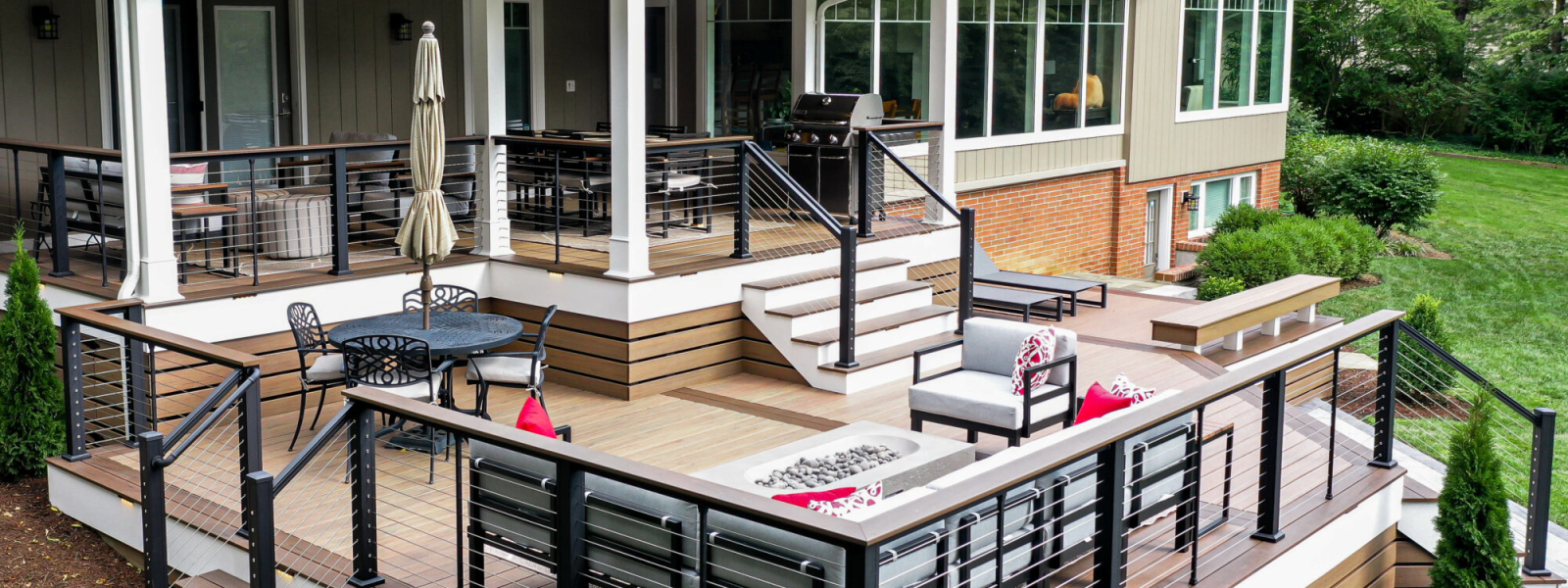 Multi-Level deck, Modern Deck, Pecan, Mocha, Drink Rail, Cable Railing, Modern Railing, TimberTech, Decking, outdoor living, Techo block, patio, fire pit, breeo, roofed deck, porch, cover porch, pine ceiling, outdoor heaters, outdoor dining,