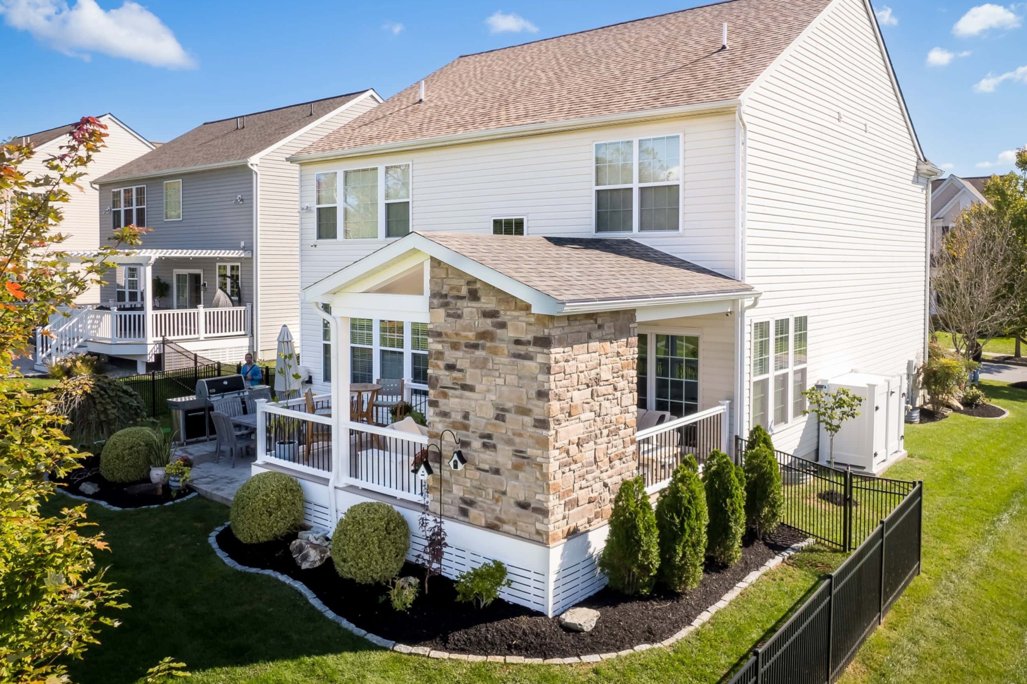 deck with fireplace and roof