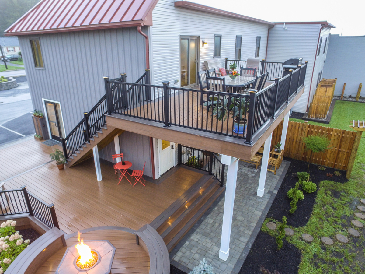 two level deck with lower fireplace