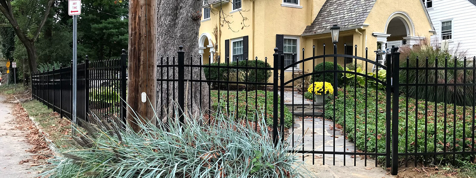 Ornamental aluminum fence with arched gate in yard